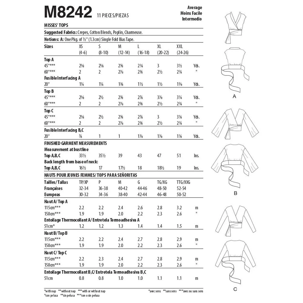 Misses Wrap Tops Sewing Pattern McCalls M8242 Sizes 16-28 Multiple Style Options